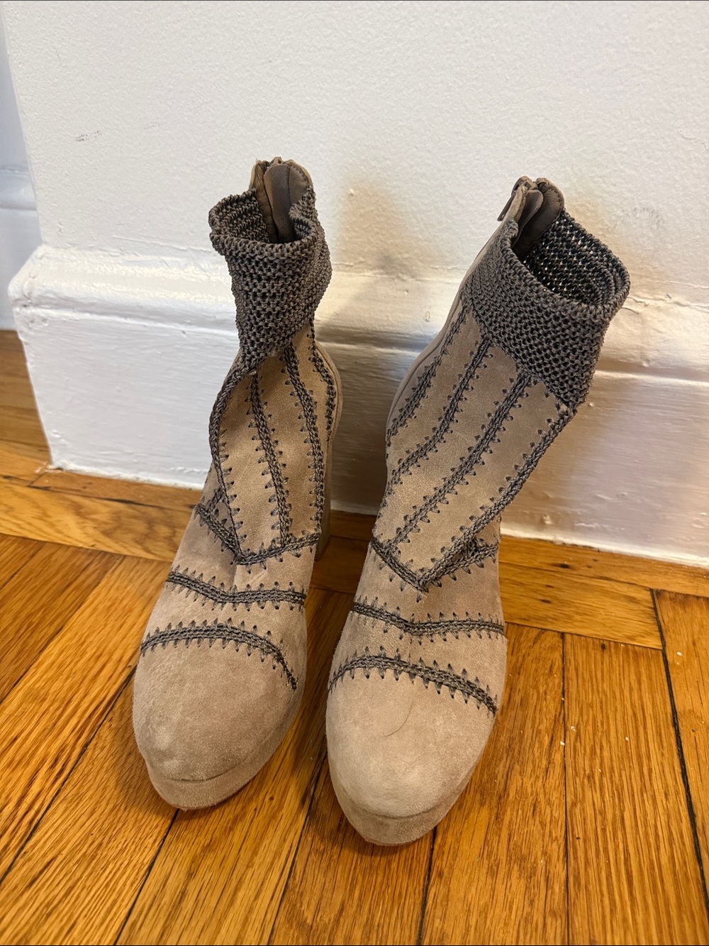 Beige Women's Suede Ankle Boots with Knit Cuff